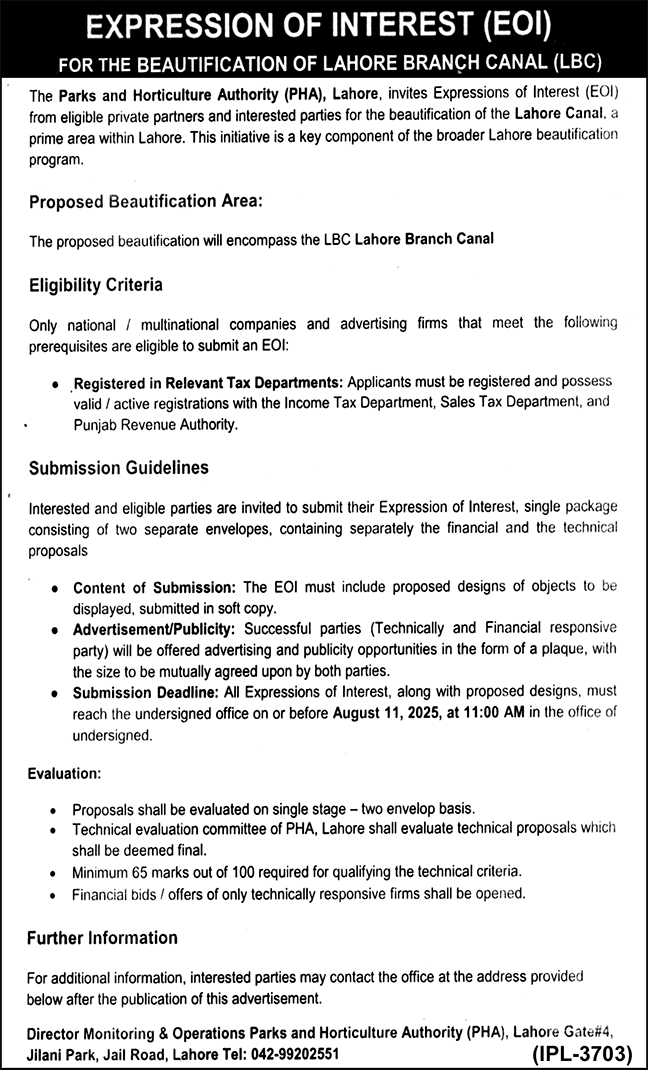 Parks & Horticulture Authority Lahore Tender Notice